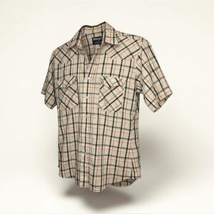 Vintage 80s Wrangler Men's Plaid Short Sleeve Shirt - Cream and Black